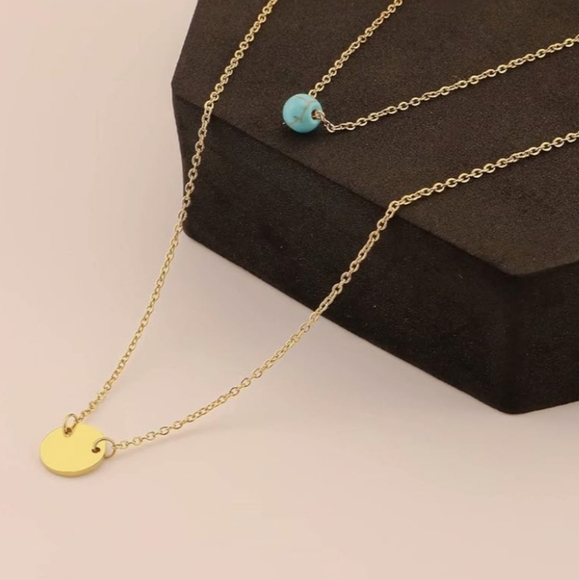 Bestelly 14k Gold Plated Layered Necklace w/a Golden Coin & Faux Turquoise Bead - Picture 4 of 7